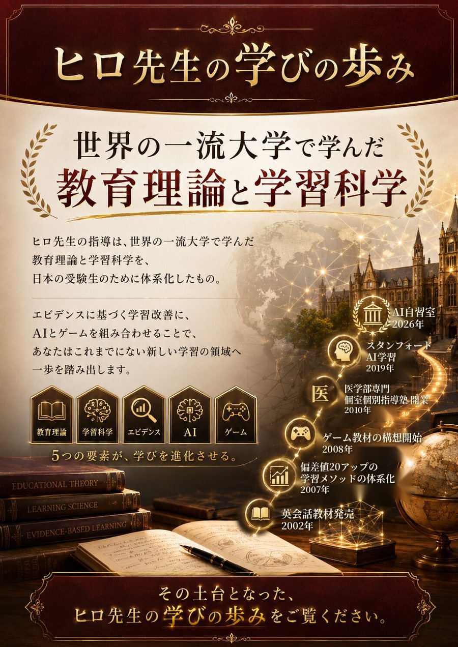 ヒロ先生の学びの歩み。世界の一流大学で学んだ教育理論と学習科学。教育理論、学習科学、エビデンス、AI、ゲームの5つの要素。