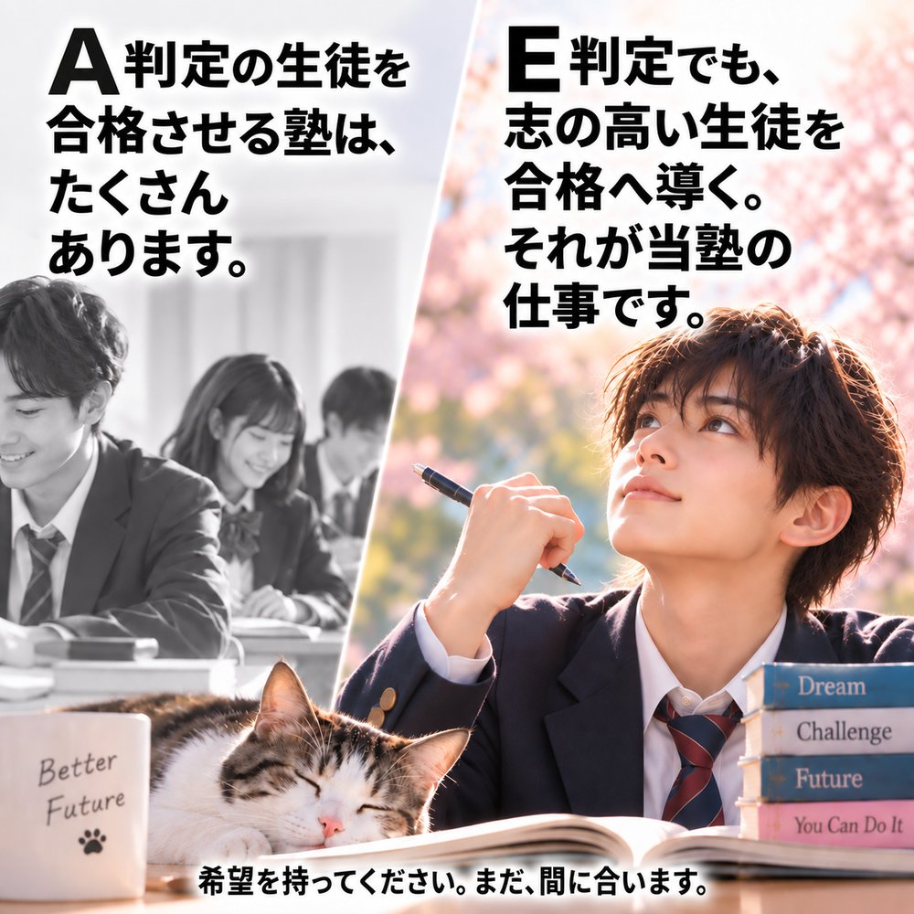 A判定の生徒を合格させる塾は、たくさんあります。E判定でも、志の高い生徒を合格へ導く。それが当塾の仕事です。希望を持ってください。まだ、間に合います。