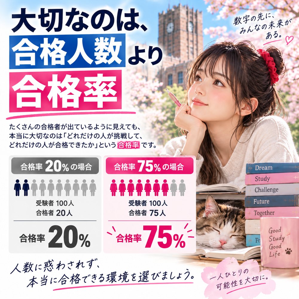大切なのは、合格人数より合格率。受験者100人のうち合格者20人なら合格率20%、合格者75人なら合格率75%。人数に惑わされず、本当に合格できる環境を選びましょう。
