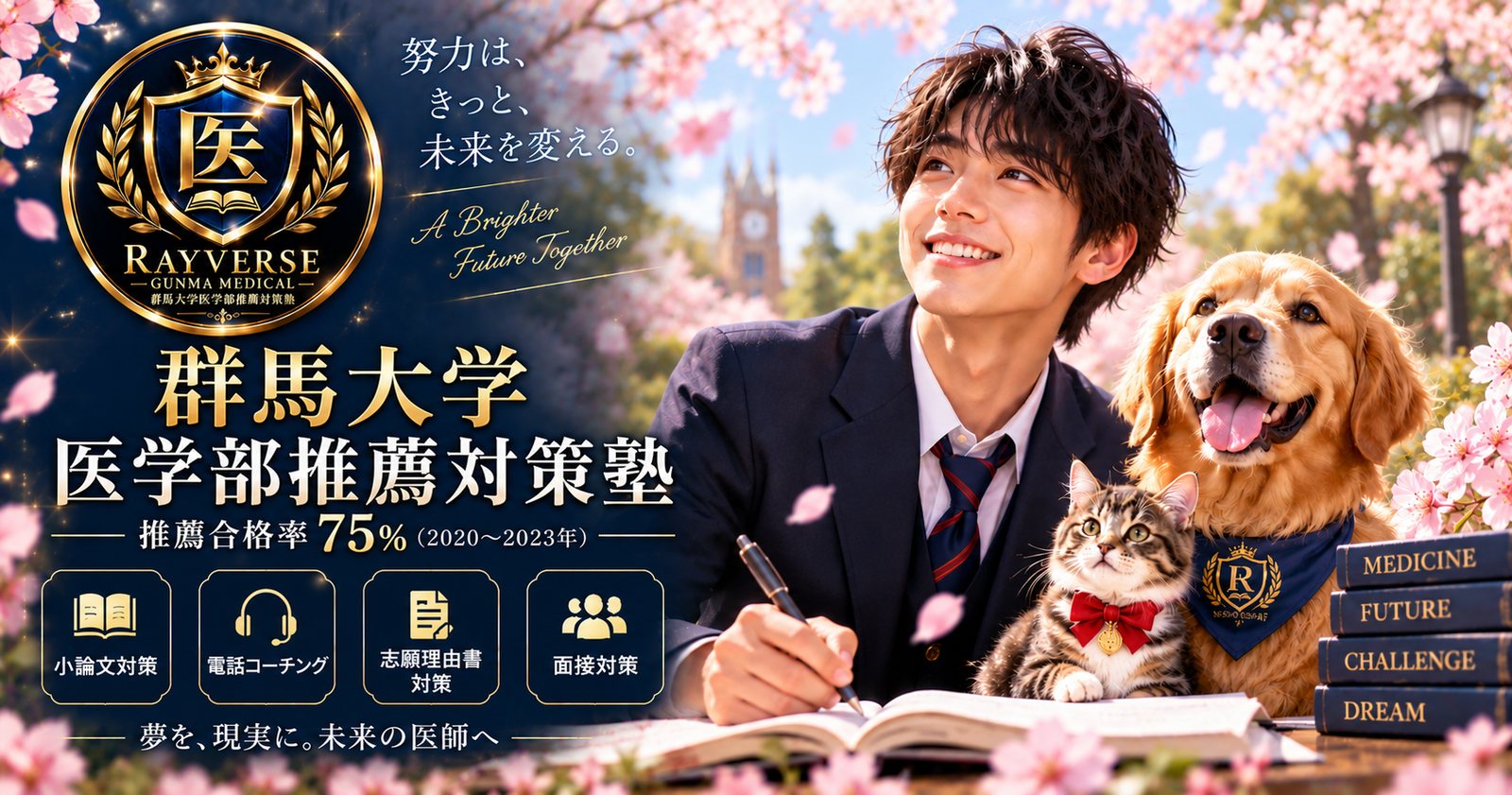 群馬大学医学部推薦対策塾。推薦合格率75％（2020〜2023年）。小論文対策、電話コーチング、志願理由書対策、面接対策。夢を、現実に。未来の医師へ。