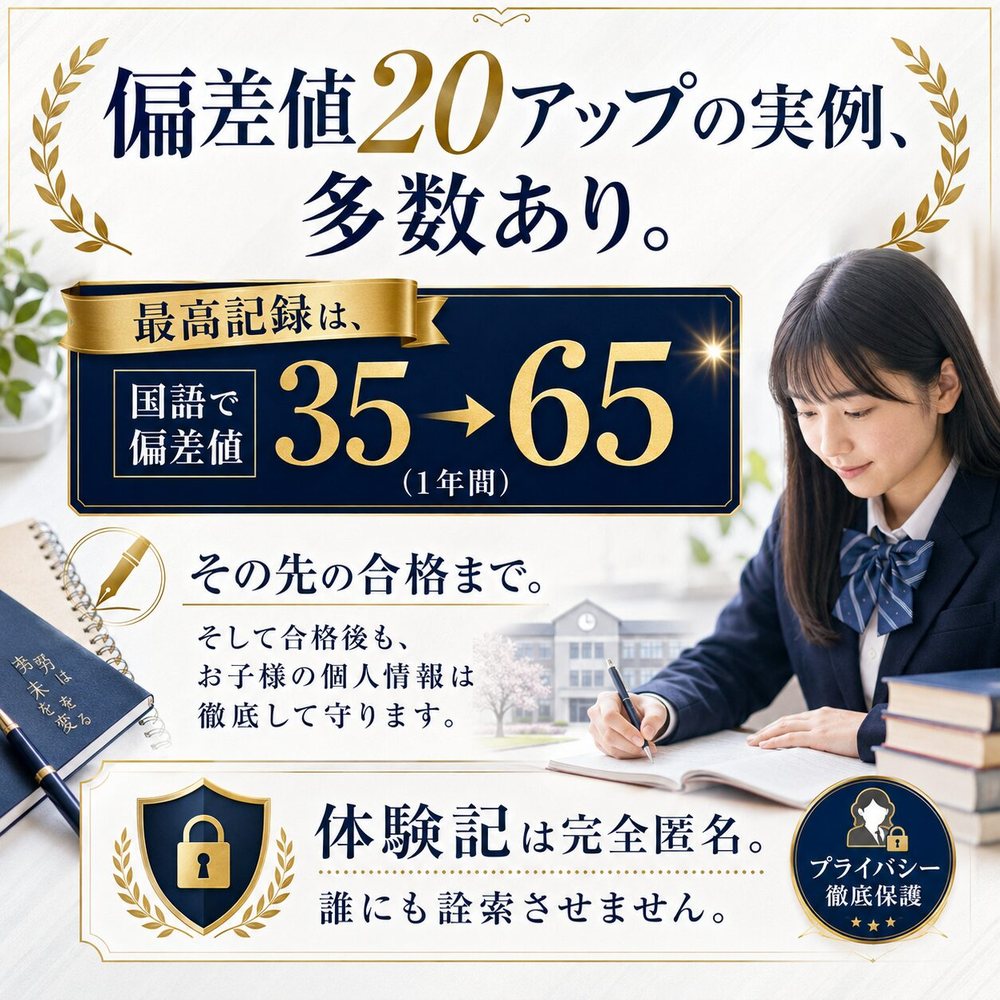 偏差値20アップの実例、多数あり。最高記録は、国語で偏差値35から65(1年間)。体験記は完全匿名。
