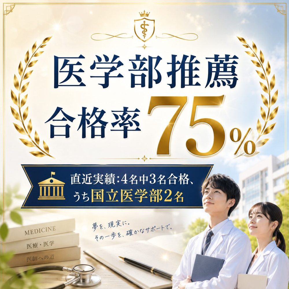 医学部推薦 合格率75%。直近実績は4名中3名合格、うち国立医学部2名。