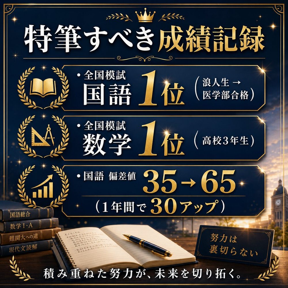 特筆すべき成績記録。全国模試 国語1位(浪人生、医学部合格)。全国模試 数学1位(高校3年生)。国語の偏差値35から65。