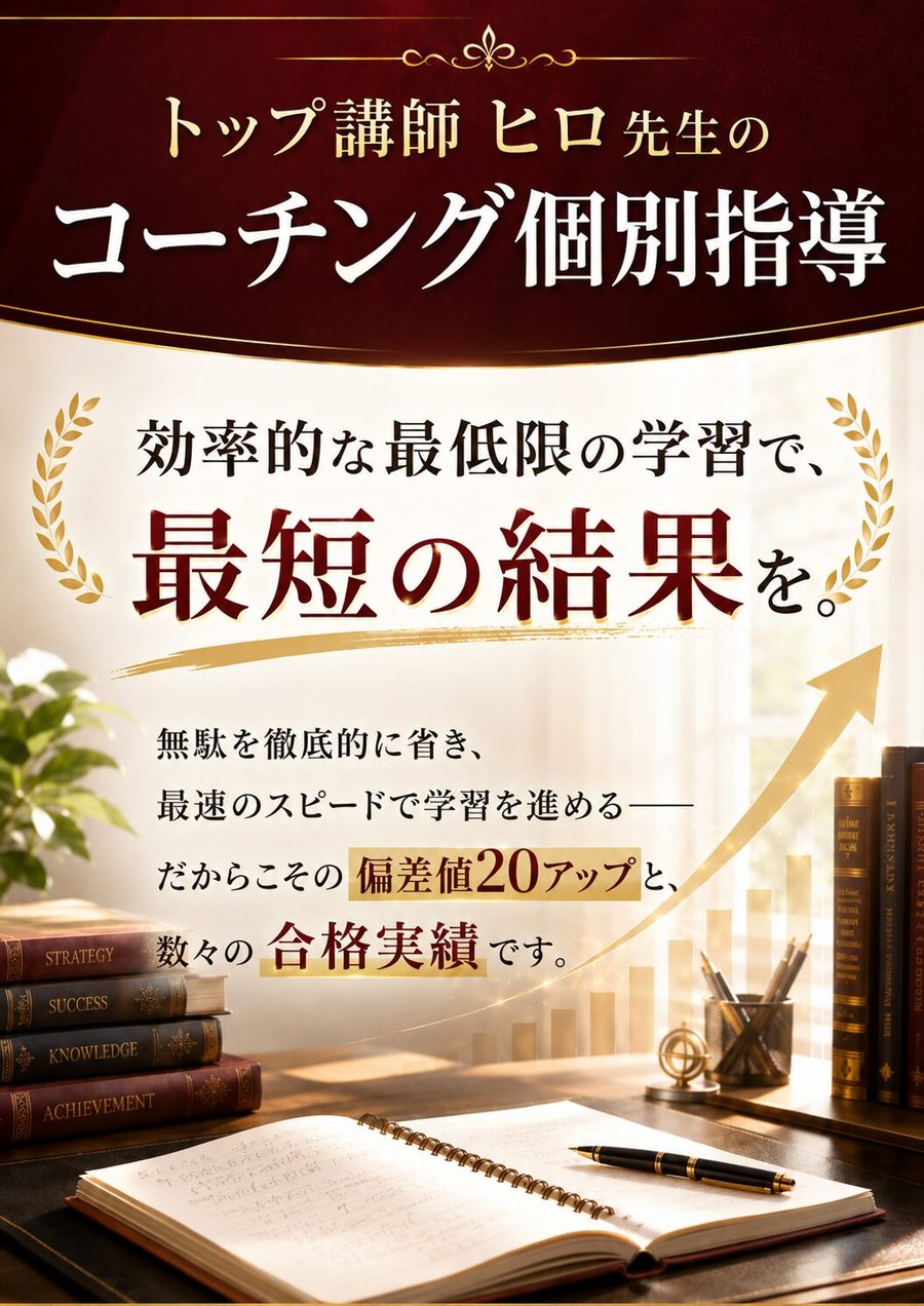 トップ講師 ヒロ先生のコーチング個別指導。効率的な最低限の学習で、最短の結果を。