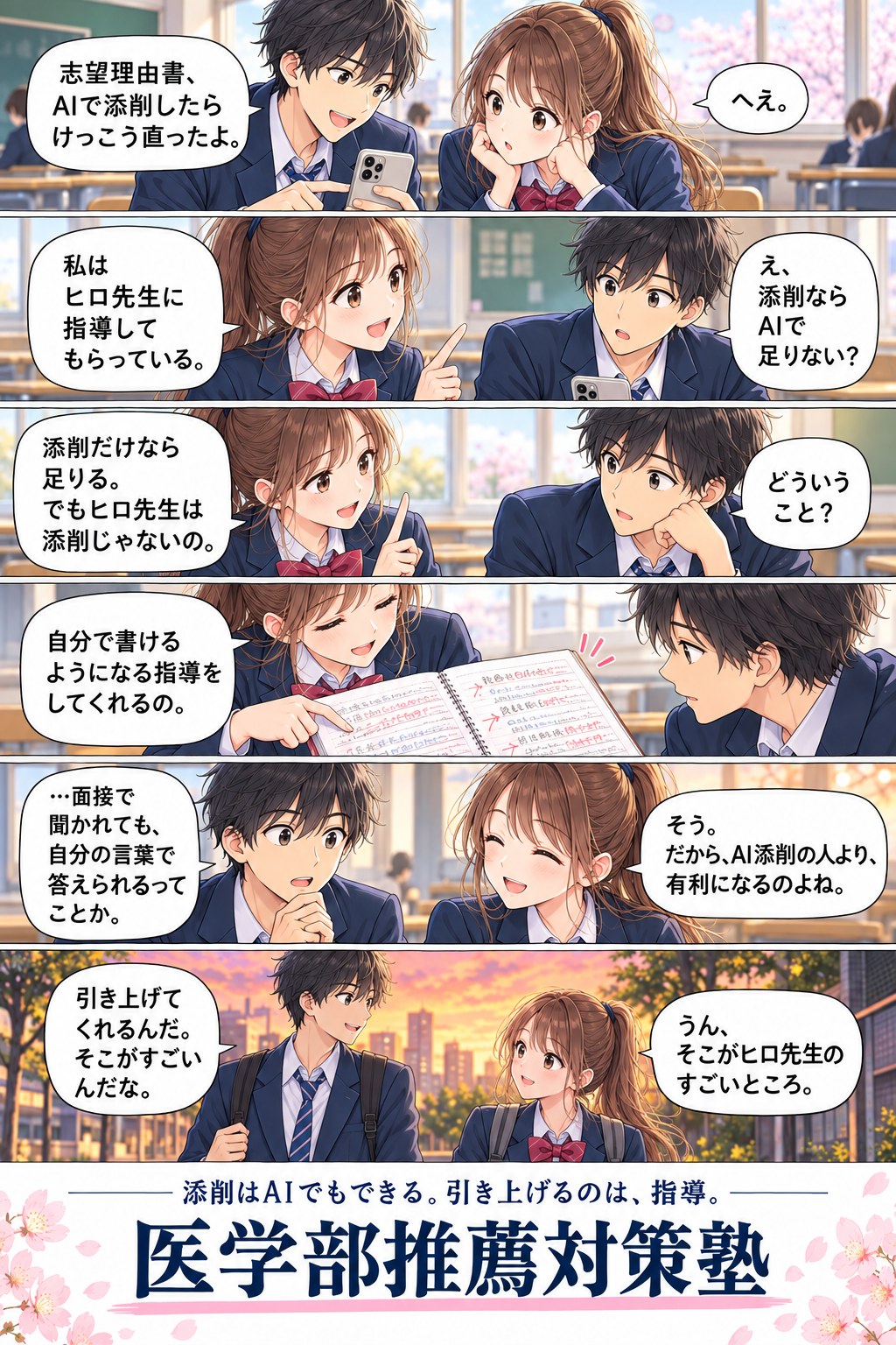 漫画。男子生徒「志望理由書、AIで添削したらけっこう直ったよ」。女子生徒「私はヒロ先生に指導してもらっている」。男子「え、添削ならAIで足りない？」。女子「添削だけなら足りる。でもヒロ先生は添削じゃないの。自分で書けるようになる指導をしてくれるの」。男子「面接で聞かれても、自分の言葉で答えられるってことか」。女子「そう。だから、AI添削の人より有利になるのよね」。男子「引き上げてくれるんだ。そこがすごいんだな」。女子「うん、そこがヒロ先生のすごいところ」。添削はAIでもできる。引き上げるのは、指導。医学部推薦対策塾。